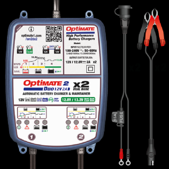 Batterieladegerät OptiMATE 2 Duo 2-Bank 5-stufig, 12V/12.8V/13.2V, 0.8A STD/AGM/Gel/Lithiu Batterieladegerät OptiMATE 2 Duo 2-Bank 5-stufig, 12V/12.8V/13.2V, 0.8A STD/AGM/Gel/Lithiu