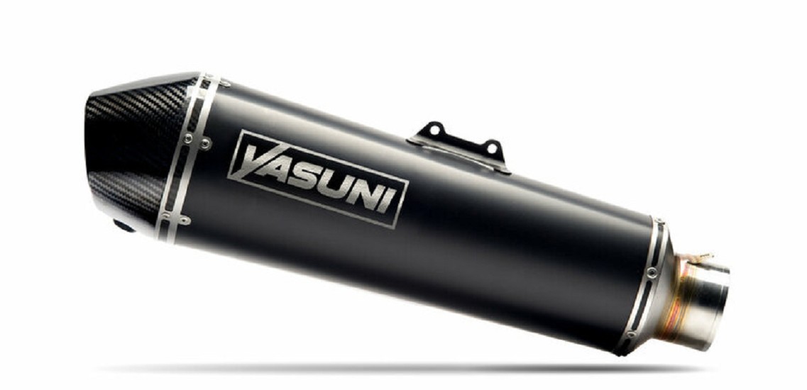 YASUNI Scooter 4 Black Edition Kommplettanlage Edelstahl Schwarz/Kohle Endkappe passend für Honda Forza 300