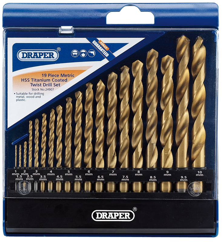 DRAPER Box mit 19 HSS-Titan-Bohrern 1 bis 10 mm DRAPER Box mit 19 HSS-Titan-Bohrern 1 bis 10 mm