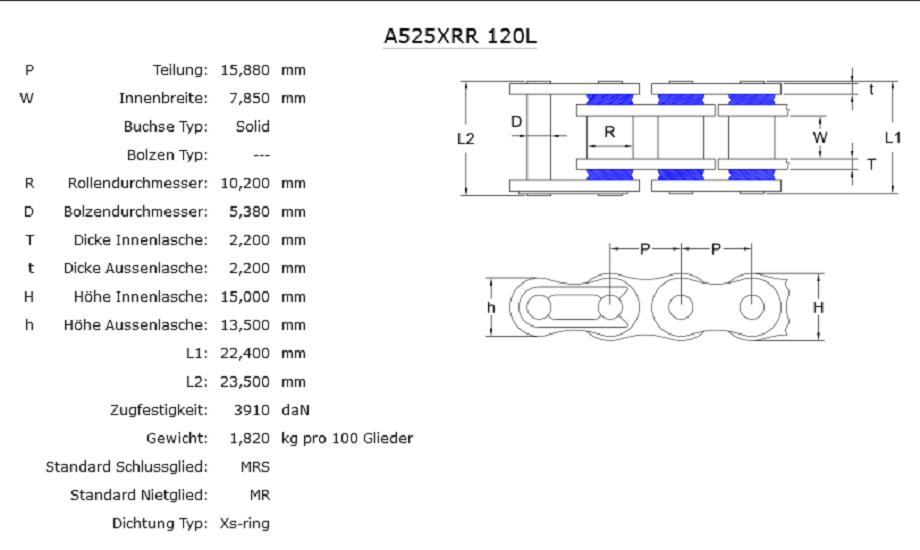 Xs-Ringkette AFAM A525XRR/120N Kette offen mit Hohlnietschloss