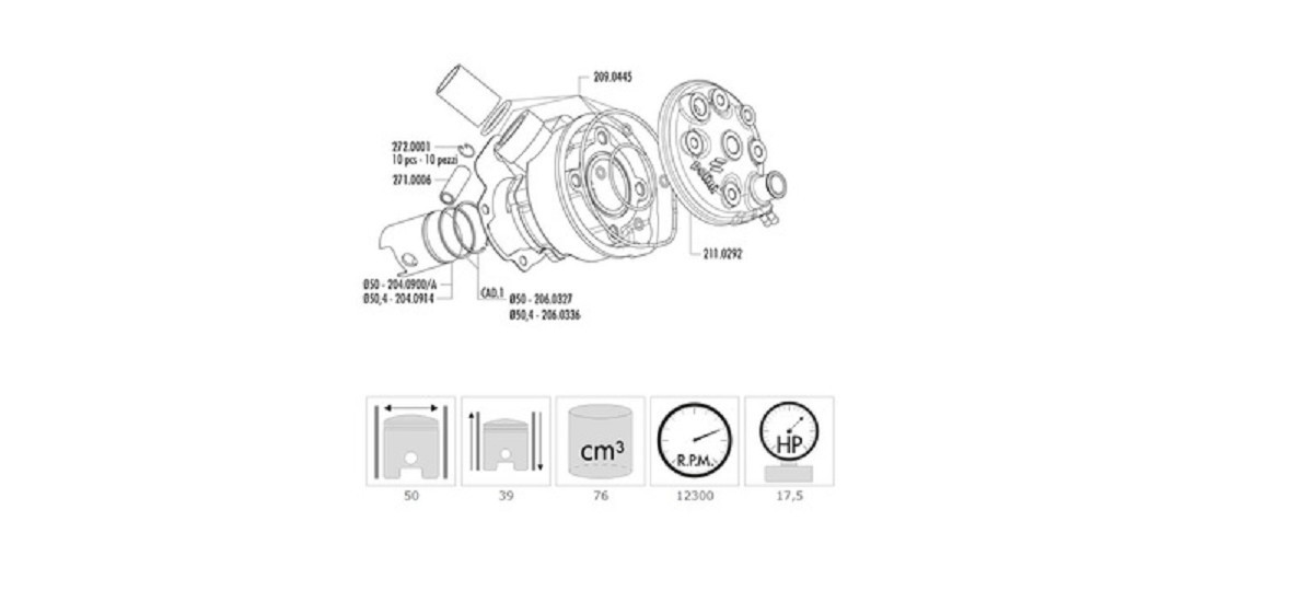 POLINI 80cc Zylinder-Kolben-Kit - passend für Minarelli AM6 Ø50mm