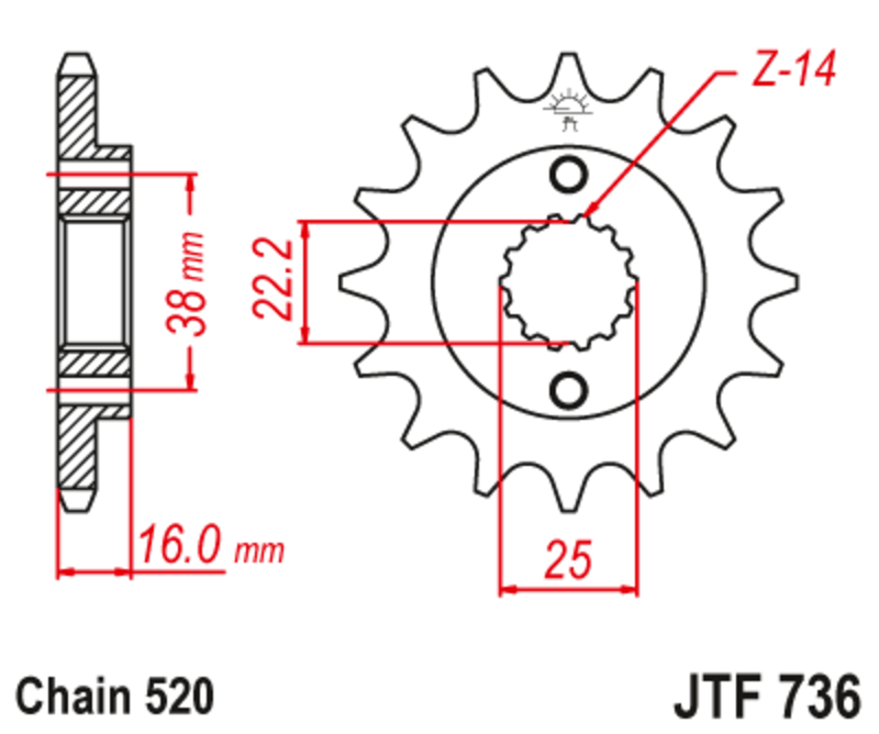 JT SPROCKETS geräuscharmes vorderes Stahlritzel 736 - 520