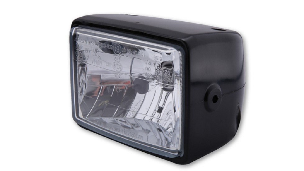 ECIE Rechteckscheinwerfer, seitliche Befestigung, H4 12V 60/55W, ABS, schwarz