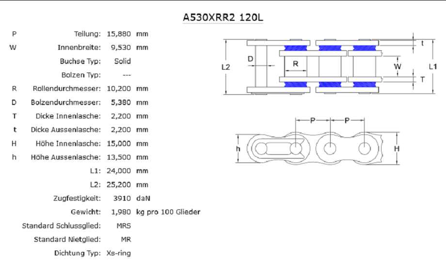 Xs-Ringkette AFAM A530XRR2/128N Kette offen mit Hohlnietschloss