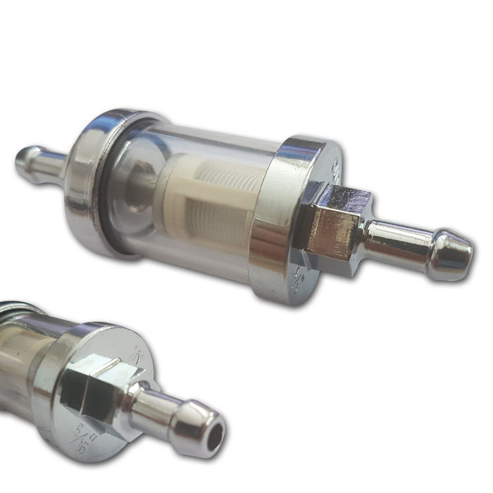 Benzinfilter 5/16 8mm Ø26mm rund Chrom/Glas Benzinfilter 5/16 8mm Ø26mm rund Chrom/Glas