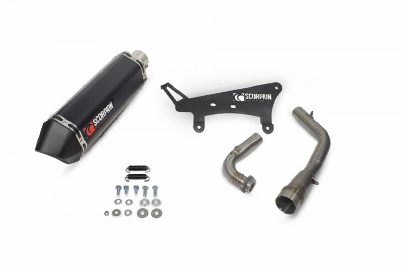SCORPION Serket Stainless Steel Full Exhaust System Black Ceramic Muffler/Black ABS End Cap passend für Peugeot Tweet 125