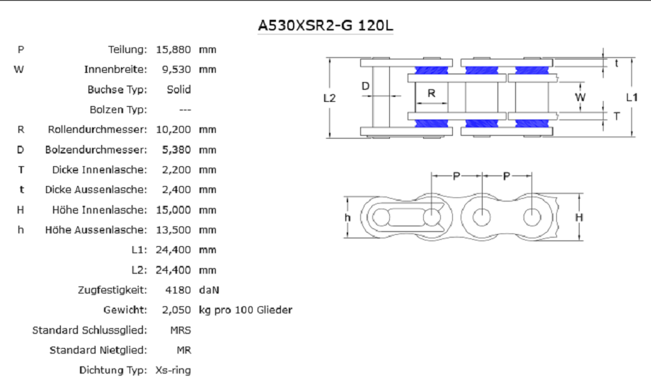 Xs-Ringkette AFAM A530XSR2-G/112N Kette offen mit Hohlnietschloss