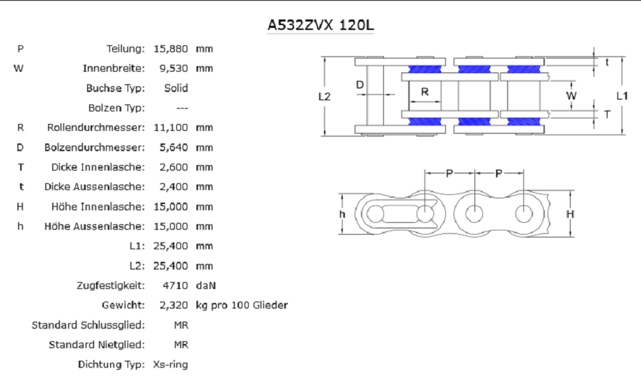 Xs-Ringkette AFAM A532ZVX/122N Kette offen mit Hohlnietschloss