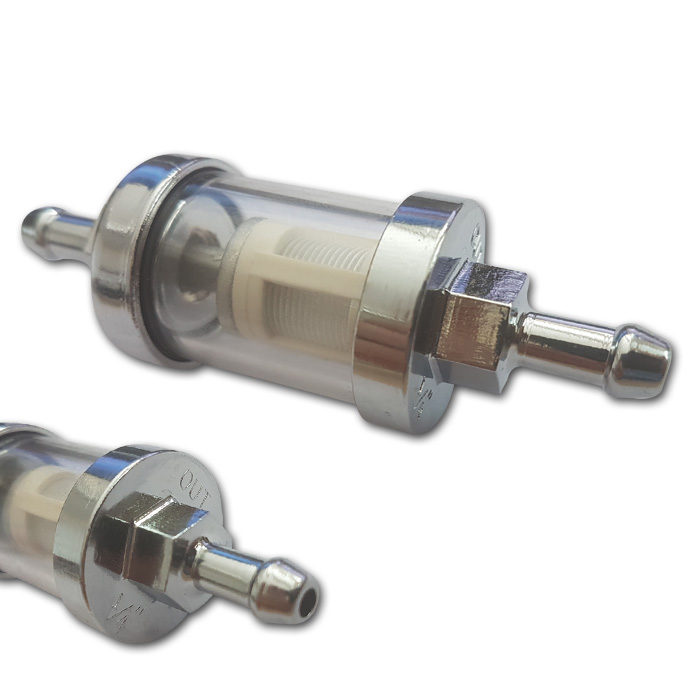 Benzinfilter 1/4 6mm Ø26mm rund Chrom/Glas Benzinfilter 1/4 6mm Ø26mm rund Chrom/Glas