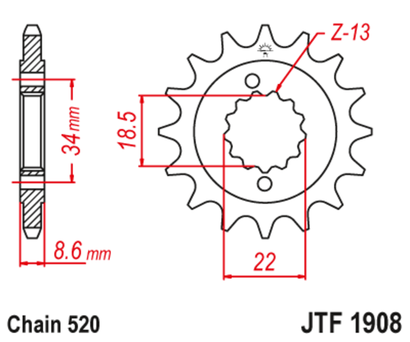 JT SPROCKETS geräuscharmes vorderes Stahlritzel 1908 - 520
